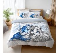 Ultra Soft Blue White Cartoon Duvet Cover Simple Snow Mountain Snow Leopard Durable Fabric 2 Pillowcases Included Microfiber For kids girls teens and adults room Comforter Cover 79"x79"