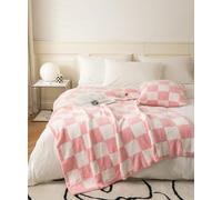 Ultra-Soft Buffalo Checkerboard Grid Fluffy Microfiber Knitted Throw Blanket Super Cozy Lightweight Checkered Bed Blanket for Sofa Couch Bed Pink 51"X63"
