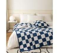 Ultra Soft Cozy Buffalo Checkered Grid, Fluffy Microfiber Knit Blanket, Double Bed Size, Lightweight, Fleece, Checked, Bedspread for Sofa, Couch, Bed, Travel (Navy Blue, Double Bed: 152.4 x 203.2 cm)