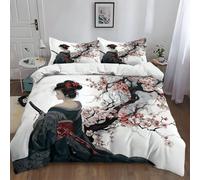 Ultra Soft Double Duvet Cover Set 200 x 200 cm White Cartoon Samurai Cherry Blossom Tree - Skin-Friendly Microfiber Bedding for Kids & Teens, with 2 Pillowcases 50x75 cm, Zipper Closure