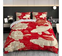 Ultra-Soft Duvet Cover and Pillowcase Set Double 79x79 inch Gold Koi Peony Flower Hypoallergenic Microfiber Bedding Set with Zipper, Red Quilt Cover with 2 Pillowcases for kids Adults