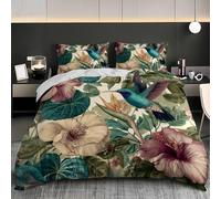 Ultra-Soft Duvet Cover and Pillowcase Set Single 53x79 inch Tropical Plants Hummingbird Hypoallergenic Microfiber Bedding Set with Zipper, Dark Green Quilt Cover with 2 Pillowcases for kids Adults