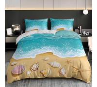 Ultra-Soft Duvet Cover and Pillowcase Set Single 53x79 inch Waves And Beach Shells Hypoallergenic Microfiber Bedding Set with Zipper, Cartoon Style Quilt Cover with 2 Pillowcases for kids Adults