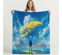 Ultra-soft Flannel Fleece Blanket for Sofa, Super Fluffy Throw/Single Lake Blue Blankets and Throws Luxury Cozy Warm for Sofa Couch, Fantasy Futurism Whale Giant Spaceship 130 x 150 cm