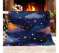 Ultra-Soft Flannel Fleece Throw Blanket 130x150 cm Cartoon Starry Sky Clouds Reversible Warm Sherpa Throw Blanket Dark Blue Colourfast Print Non-Pilling Breathable for Travel, Camping