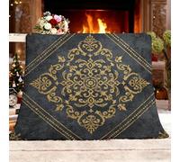 Ultra Soft Fleece Blanket for Sofa Settees Super King 180x220cm, Black Fluffy Warm Blankets for Bed or Couch Throw, Vintage Gold Patterns Lightweight Versatile Blanket for Adults Kids