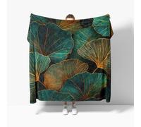 Ultra Soft Fleece Blanket for Sofa Settees Super King 180x220cm, Golden Texture Ginkgo Leaves Fluffy Warm Blankets for Bed or Couch Throw, Emerald Green Lightweight Versatile Blanket for Adults Kids