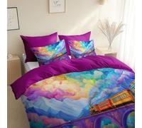 Ultra Soft Hypoallergenic Duvet Cover, With Zipper Closure, Cartoon Style Train Clouds King Size 230 x 220 cm, Dark Purple Luxury Reversible Quilt Cover, Hypoallergenic
