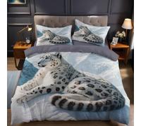 Ultra Soft King Size Bedding Set 230 x 220 cm White Microfibre Duvet Cover with Snow leopard and Pillowcases Easy Care