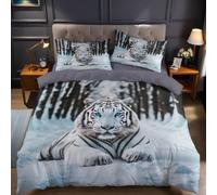 Ultra Soft King Size Bedding Set 230 x 220 cm White Microfibre Duvet Cover with Snow White Tiger and Pillowcases Easy Care