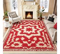 Ultra Soft Living Room Rug 60 x 90 cm Machine Washable Area Rugs - Non-Slip Traditional Ethnic Aesthetics Geometric Octagram Red Floor Carpet for Dining Room Bedroom Entryway