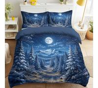 Ultra Soft Microfiber Dreamy Nature Duvet Cover Set Bedding Sets with Pillowcases Moon Night Snow Mountain Pine Forest Path Lantern Quilt Cover Washable for Teens Adults Single Size 53" x 79"
