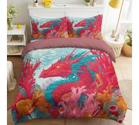 Ultra Soft Microfiber Fantasy Underwater Duvet Cover Set Bedding Sets with Pillowcases Dragon Coral Red Blue Water world Mythical Animal Quilt Cover Washable for Teens Adults Single Size 53" x 79"