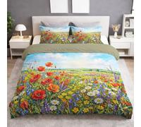 Ultra Soft Microfiber Natural Impression Duvet Cover Set Bedding Sets with Pillowcases Wildflower Sky Cloud Fresh Grassland Quilt Cover Washable for Teens Adults Queen Size 102" x 87"