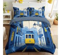 Ultra Soft Microfiber Vintage City Duvet Cover Set Bedding Sets with Pillowcases Tram Architecture Street Blue yellow Travel Urban Quilt Cover Washable for Teens Adults Super King Size 115" x 93"