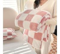 Ultra Soft Plaid Flannel Blanket - Cozy Pink & White Checkered Design, Warm Polyester Fabric for Sofa, Office Naps, Travel, Functional All-Season Comfort, Cozy Bedding, Contemporary Style