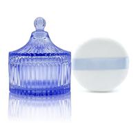 Ultra Soft Powder Puff and Container 3.3" High Density Velvet Dusting Washable Reusable Powder Puff,Body Powder Puff and Glass Jar Holder Loose Powder Box with Puff for Face Makeup(Blue)