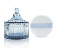 Ultra Soft Powder Puff and Container 3.3" High Density Velvet Dusting Washable Reusable Powder Puff,Body Powder Puff and Glass Jar Holder Loose Powder Box with Puff for Face Makeup(Grey-blue)