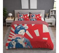 Ultra Soft Red Blue Microfiber Abstract Duvet Cover Set All Season Bedding Sets with Pillowcases Fantasy Japanese Style Geisha Quilt Cover Washable for Teens Adults Super King Size 115" x 93"