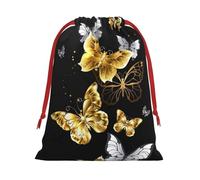 Ultra soft velvet fabric drawstring gifts Bag,Multipurpose Gold White Butterflies Black Print gift bags for Christmas