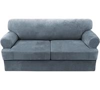 Ultra Soft Velvet Sofa Covers with T Cush Slipcovers Washable Fur Protector Non Pilling Elastic Bottom for 2 Cush Sofa (Stone Blue)