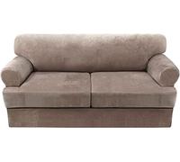 Ultra Soft Velvet Sofa Covers with T Cush Washable Fur Protector No-Pilling Slipcover Elastic Bottom - Taupe for 2 Cush Sofas