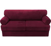 Ultra Soft Velvet Sofa Covers with T Cush Washable Fur Protector No-Pilling Slipcover with Elastic Bottom for 2-Cush Sofa (Wine Red)