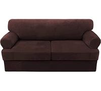 Ultra Soft Velvet Sofa Covers with T Cush Washable P Slipcover No-Pilling Fur Protector with Elastic Bottom Fits 2-Cush Sofa (Brown)