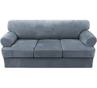 Ultra Soft Velvet Sofa Covers with T Cushion Slipcovers - Washable Plush Furniture Protector Non-Pilling Elastic Bottom Stone Blue Fits 3-Cushion Sofas