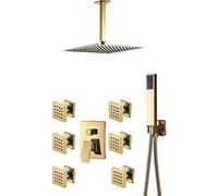 Ultra Thin 8-Inch Golden Shower Faucet Set 6-Piece Kit with 3-Way Mixer, Luxurious Rainfall Experience for Bathroom Upgrade, Stylish Shower Head Jets