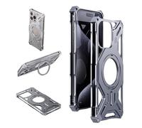Ultra-Thin Frameless Aluminum Alloy Case for iPhone 16 Pro Max/16 Pro/16, Slim & Lightweight, Compatible with MagSafe, Hollow Design, Magnetic Kickstand for Car Mount(Silver,16 Promax)