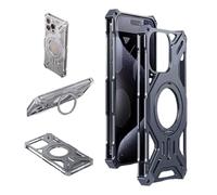 Ultra-Thin Frameless Aluminum Alloy Case for iPhone 16 Pro Max/16 Pro/16, Slim & Lightweight, Compatible with MagSafe, Hollow Design, Magnetic Kickstand for Car Mount(Gray,16)