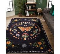 Ultra Thin Moody Black Floral Rugs Washable, Boho Cute Aesthetic Bedroom Dorm Carpet Indie Moon Phase Room Decor, Vintage Botanical Butterfly 3x5 Area Rug for Dining Living Room Kitchen Entryway