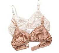 Ultra Thin Natural Silk 2PCS Smooth Double Sided Mulberry Silk Bra Soft Wireless Daily Bralette Support Bras For Women(White Brown,L)