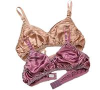 Ultra Thin Natural Silk 2PCS Smooth Double Sided Mulberry Silk Bra Soft Wireless Daily Bralette Support Bras For Women(Brown Purple,XL)