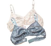 Ultra Thin Natural Silk 2PCS Smooth Double Sided Mulberry Silk Bra Soft Wireless Daily Bralette Support Bras For Women(White Gray,L)