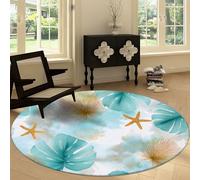 Ultra-Thin Washable Round Rug 200 cm, Minimalist Style Circle Area Rugs for Bedroom Entryway Starfish Shells Green Leaves Non Slip Non Shedding Low Pile Carpet for Living Room Bathroom Kitchen