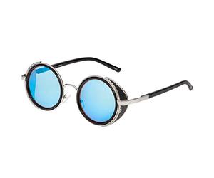 UltraByEasyPeasyStore Silver Frame Blue Lenses Steampunk Round Sunglasses Cyber Circular Glasses Vintage Punk UV400 for Men and Women (Steam1)
