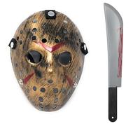 UltraByEasyPeasyStore Ultra Scary Halloween Hockey Mask - Horror Costume & Adults and Kids - Halloween Parties and Events - Perfect Scary Costume Accessory - Serial Killer - Gold Mask and Machete