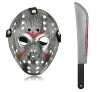 UltraByEasyPeasyStore Ultra Scary Halloween Hockey Mask - Horror Costume & Adults and Kids - Halloween Parties and Events - Perfect Scary Costume Accessory - Serial Killer - Silver Mask and Machete