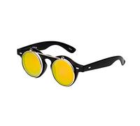 UltraByEasyPeasyStore Ultra Small Round Steampunk Flip Up Sunglasses - UV400 Protection, Unisex Retro Design with Polycarbonate Lenses for Men & Women - Black with Gold Lenses