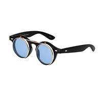 UltraByEasyPeasyStore Ultra Small Round Steampunk Flip Up Sunglasses - UV400 Protection, Unisex Retro Design with Polycarbonate Lenses for Men & Women - Black with Aqua Lenses