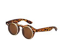 UltraByEasyPeasyStore Ultra Small Round Steampunk Flip Up Sunglasses - UV400 Protection, Unisex Retro Design with Polycarbonate Lenses for Men & Women - Tiger/Leopard Print