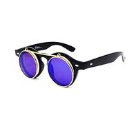 UltraByEasyPeasyStore Ultra Small Round Steampunk Flip Up Sunglasses - UV400 Protection, Unisex Retro Design with Polycarbonate Lenses for Men & Women - Black with Blue Lenses