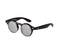 UltraByEasyPeasyStore Ultra Small Round Steampunk Flip Up Sunglasses - UV400 Protection, Unisex Retro Design with Polycarbonate Lenses for Men & Women - Black with Silver Lenses