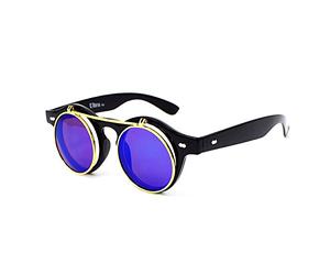 UltraByEasyPeasyStore Ultra Small Round Steampunk Flip Up Sunglasses - UV400 Protection, Unisex Retro Design with Polycarbonate Lenses for Men & Women - Black with Blue Lenses