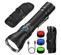 ULTRAFIRE Rechargeable Tactical Torch with Holster, 1800 Lumens with Red/Green/Blue Light, 4 Modes LED Police Torch with Dual Switch, 550M Range, 3 Interchangeable Filters for Campin Hunting, T6