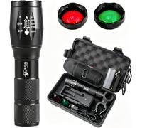 ULTRAFIRE Tactical Torch with Red Light/Green Light, 900 Lumens Zoomable 5 Modes LED Torch with Flashlight Holster, USB Charger, Bicycle Mount, 3-Color Interchangeable Filter