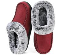 ULTRAIDEAS Women's Cozy Memory Foam Moccasin Suede Slippers with Fuzzy Plush Faux Fur Lining, Ladies' Slip on House Shoes with Indoor Outdoor Anti-Skid Rubber Sole(Wine, 5/6 UK)