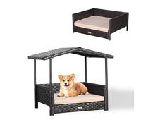 ULTRALAX Wicker Dog House Raised Rattan Dog Bed for Indoor/Outdoor with Weatherproof Roof and Removable Cushion Lounge (BROWN, Small)